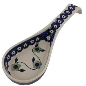 Manufaktura Boleslawiec Polish Pottery Blue White Green Flower 10.5" Spoon Rest
